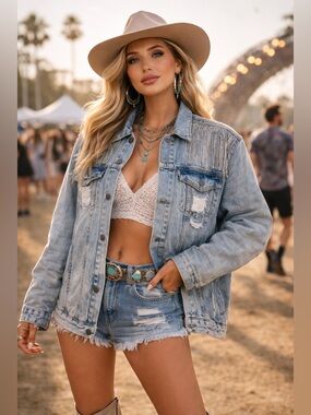 LEVIS Western rhinestone fringe trucker denim jean jacket 🪩 3XL Festival